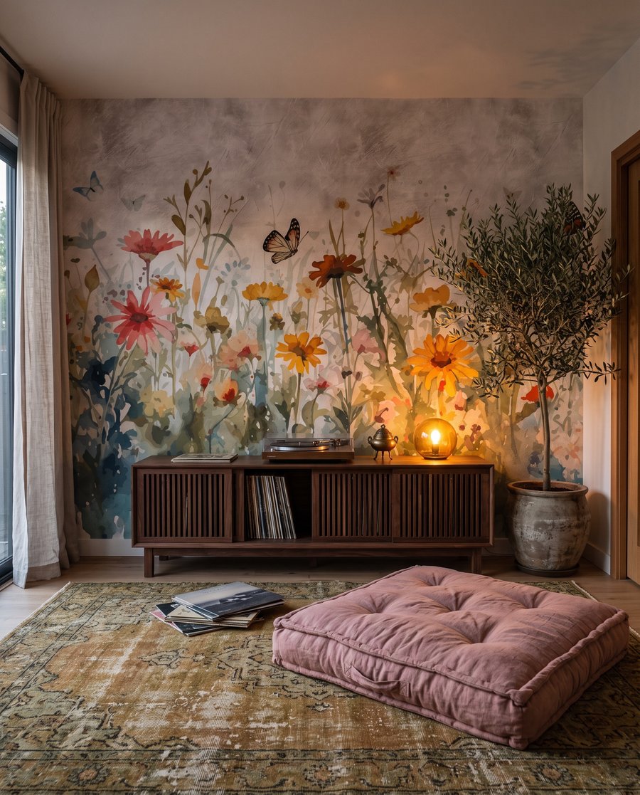 Schmetterlinge über Wiesenblumen in einem Interieur