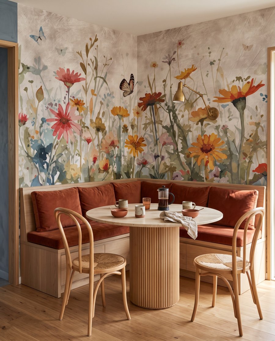 Schmetterlinge über Wiesenblumen in einem Interieur
