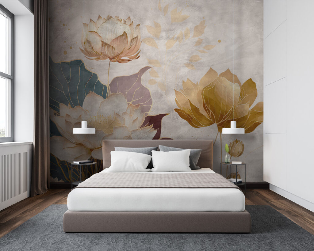 Wasserblumen in Goldtönen in einem Interieur