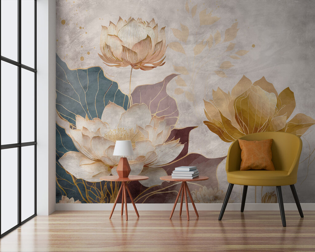 Wasserblumen in Goldtönen in einem Interieur