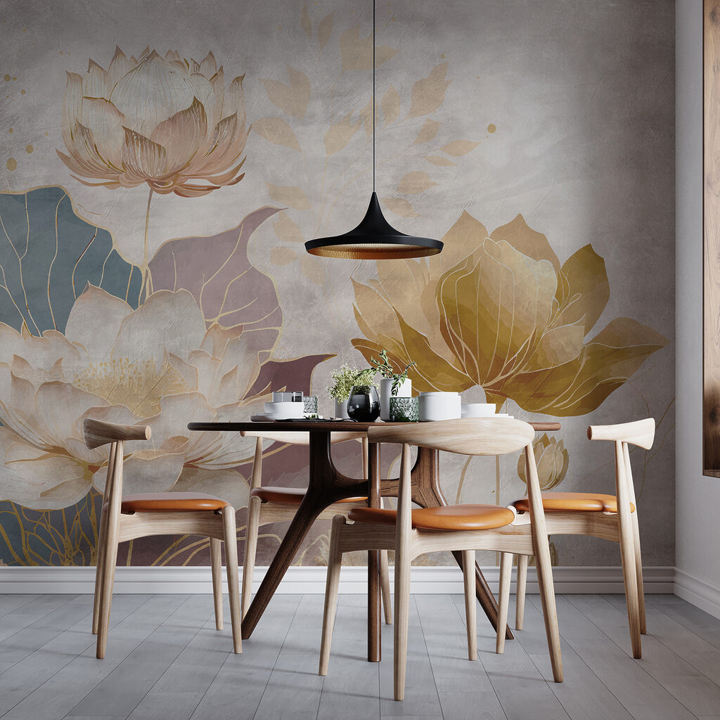 Wasserblumen in Goldtönen in einem Interieur
