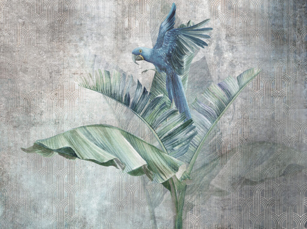 Blauer Papagei auf Bananenblatt — ganzes Design