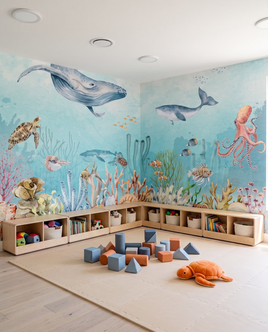Wale über bunten Korallen in einem Interieur