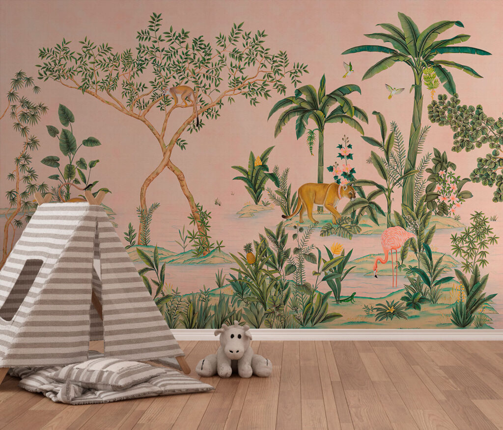 Tiger im Pfirsichgarten in einem Interieur