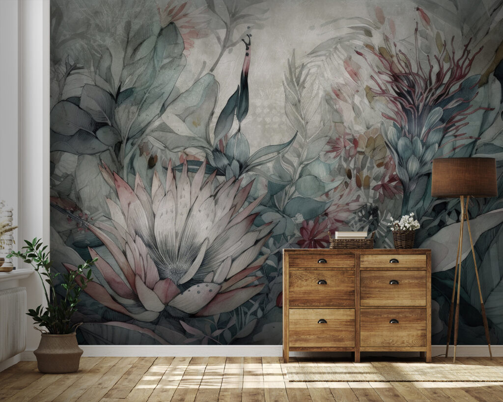 Reiher zwischen kühlen Blättern in einem Interieur