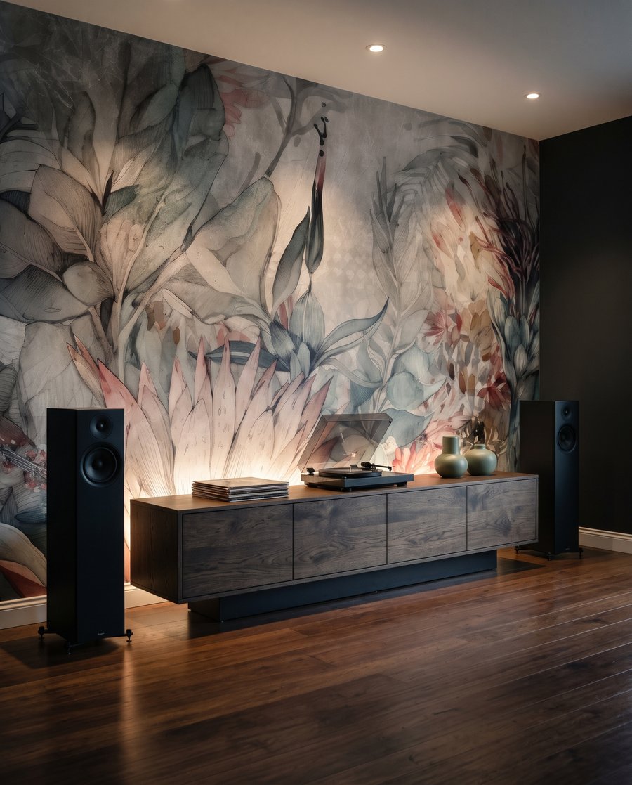 Reiher zwischen kühlen Blättern in einem Interieur
