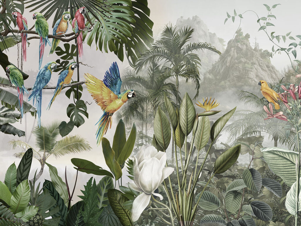 Papageien im lichten Wald — ganzes Design
