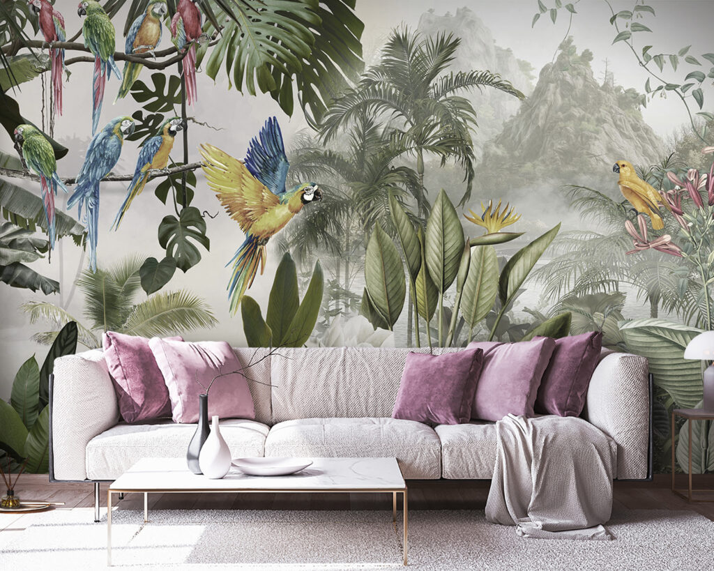 Papageien im lichten Wald in einem Interieur