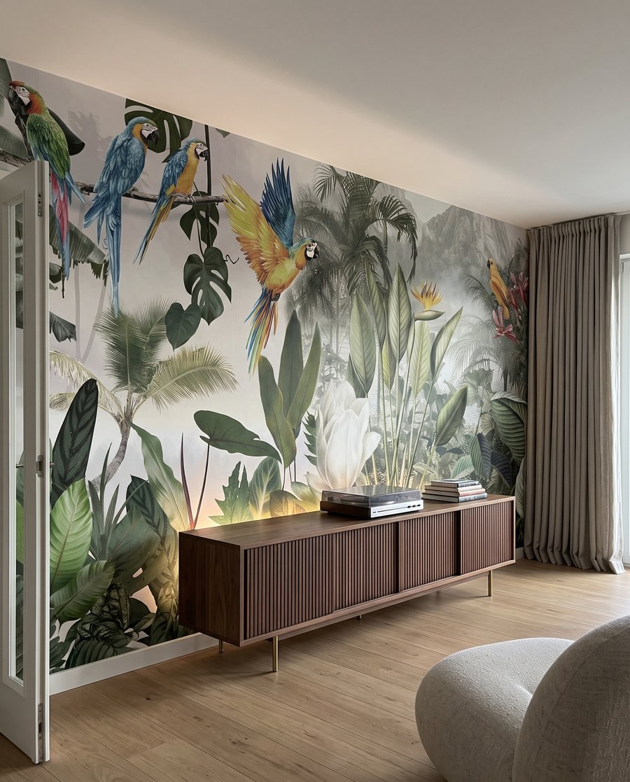 Papageien im lichten Wald in einem Interieur