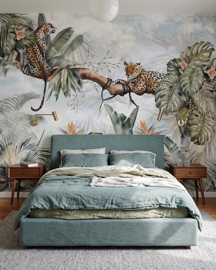 Leoparden zwischen graugrünen Palmen in einem Interieur