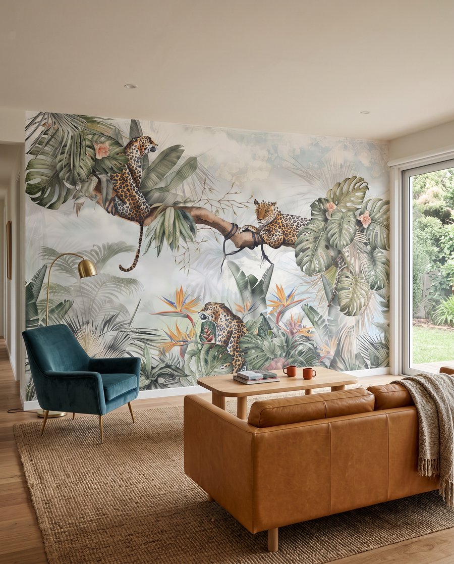 Leoparden zwischen graugrünen Palmen in einem Interieur