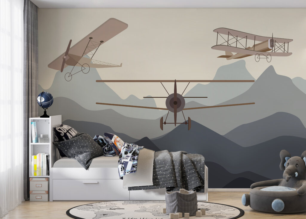 Flieger über dunklen Bergen in einem Interieur