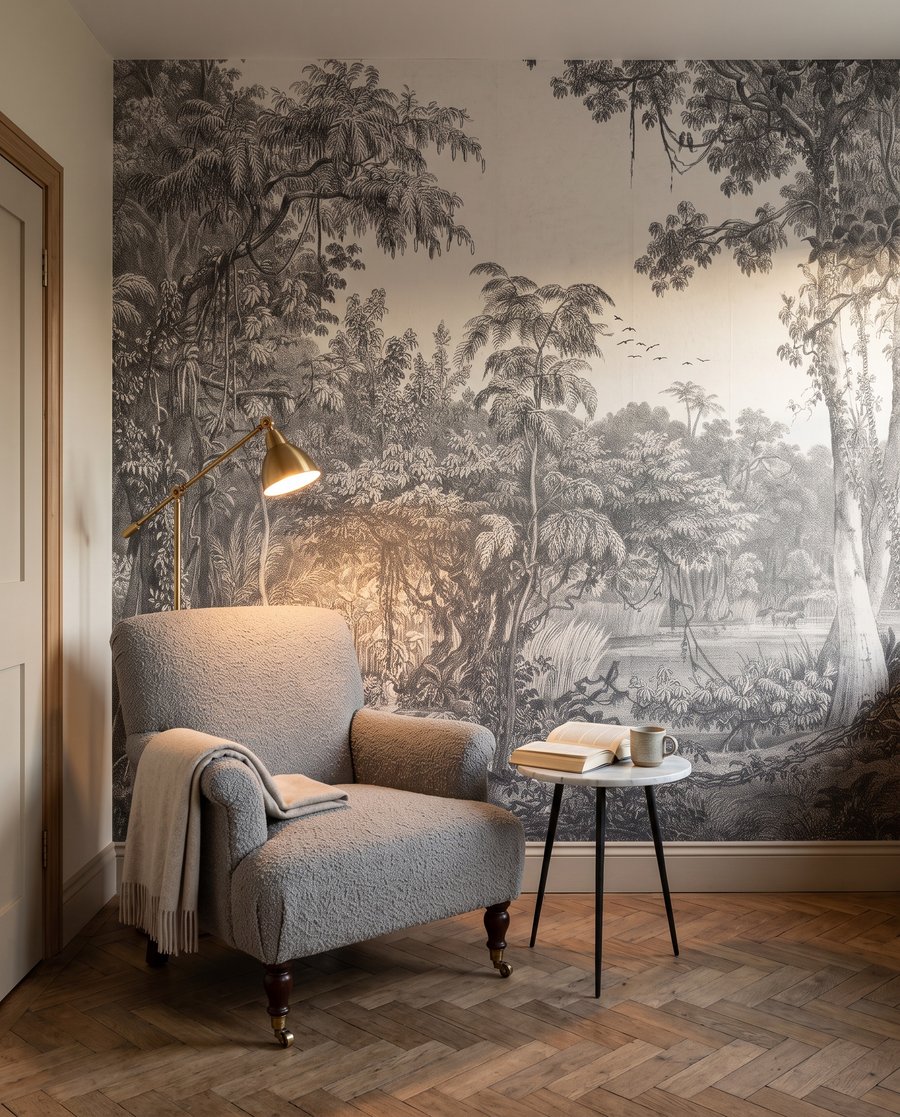 Urwald in feinen Linien in einem Interieur