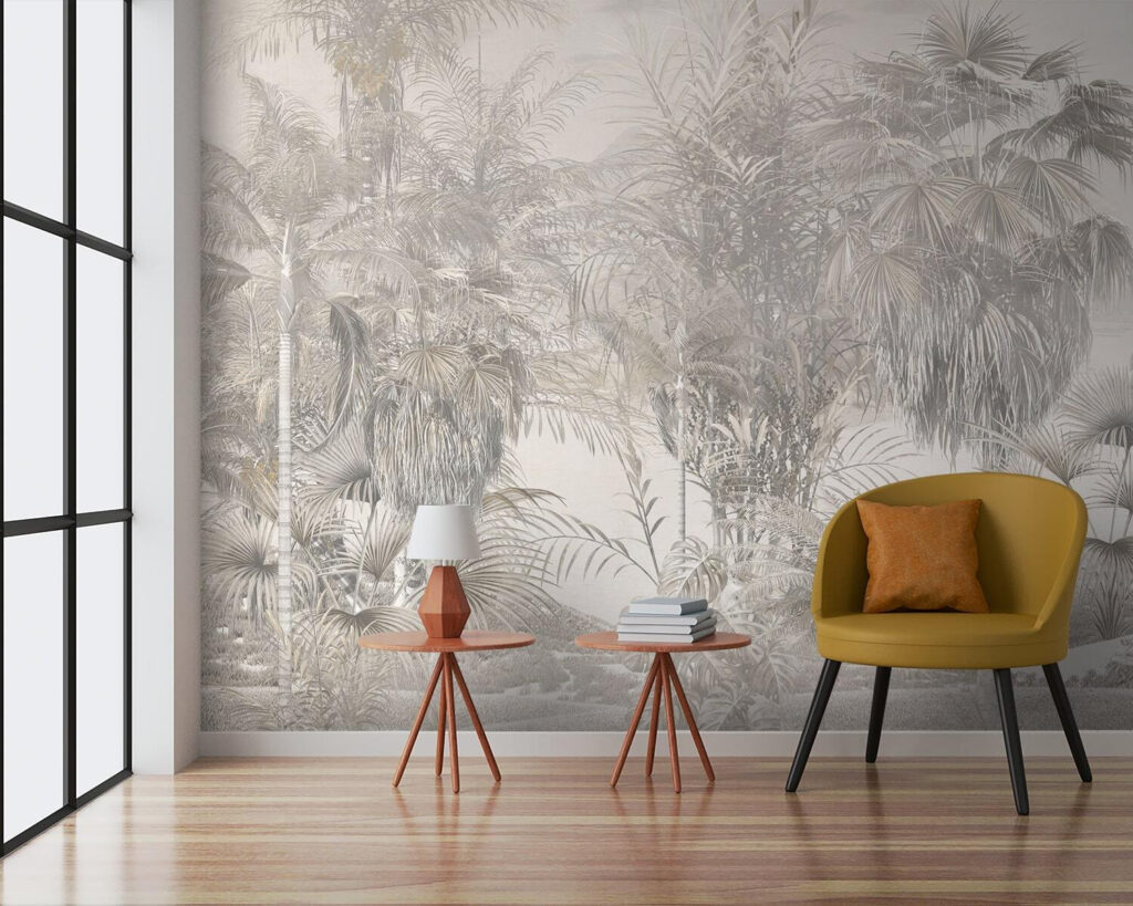 Palmen in grauer Ferne in einem Interieur