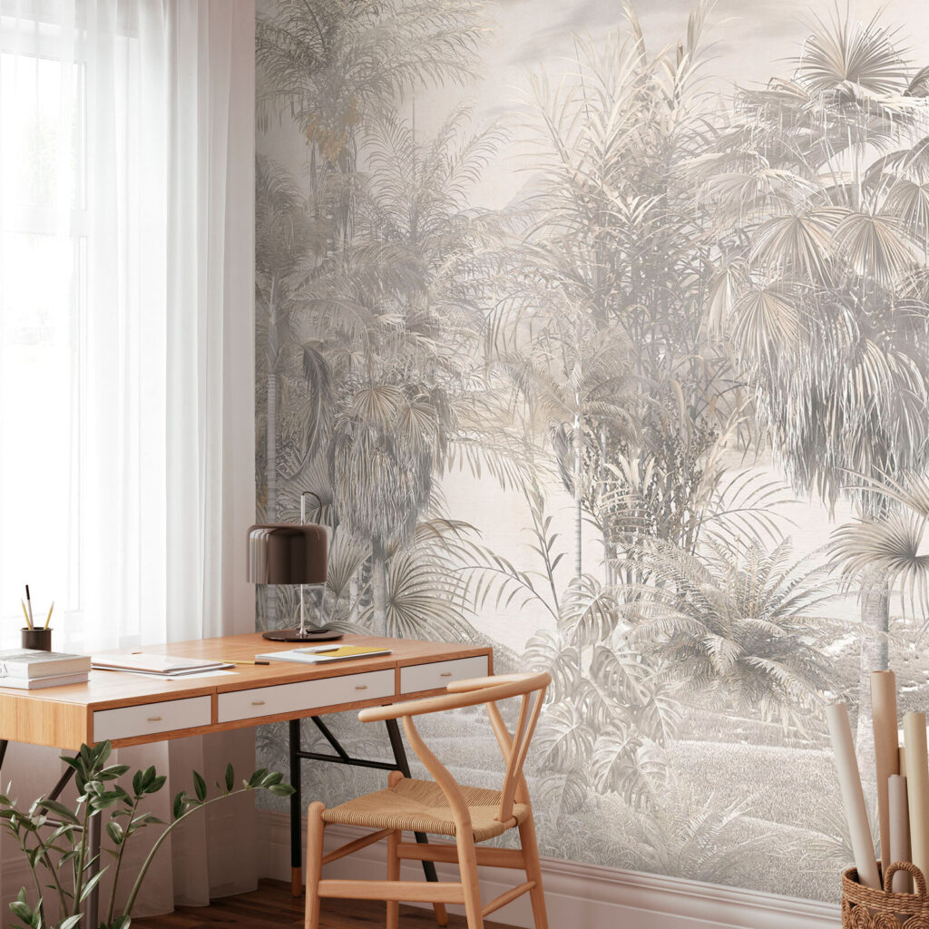 Palmen in grauer Ferne in einem Interieur