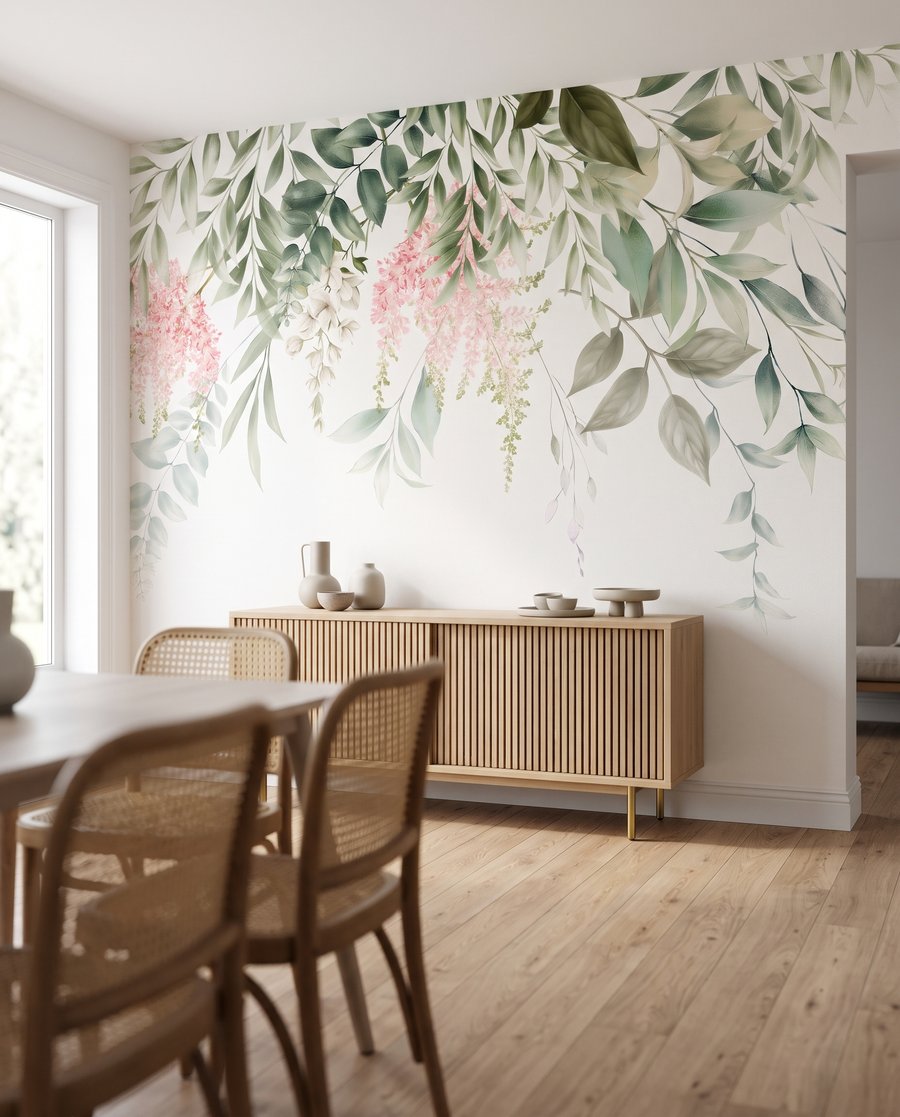 Blüten unter hängendem Laub in einem Interieur
