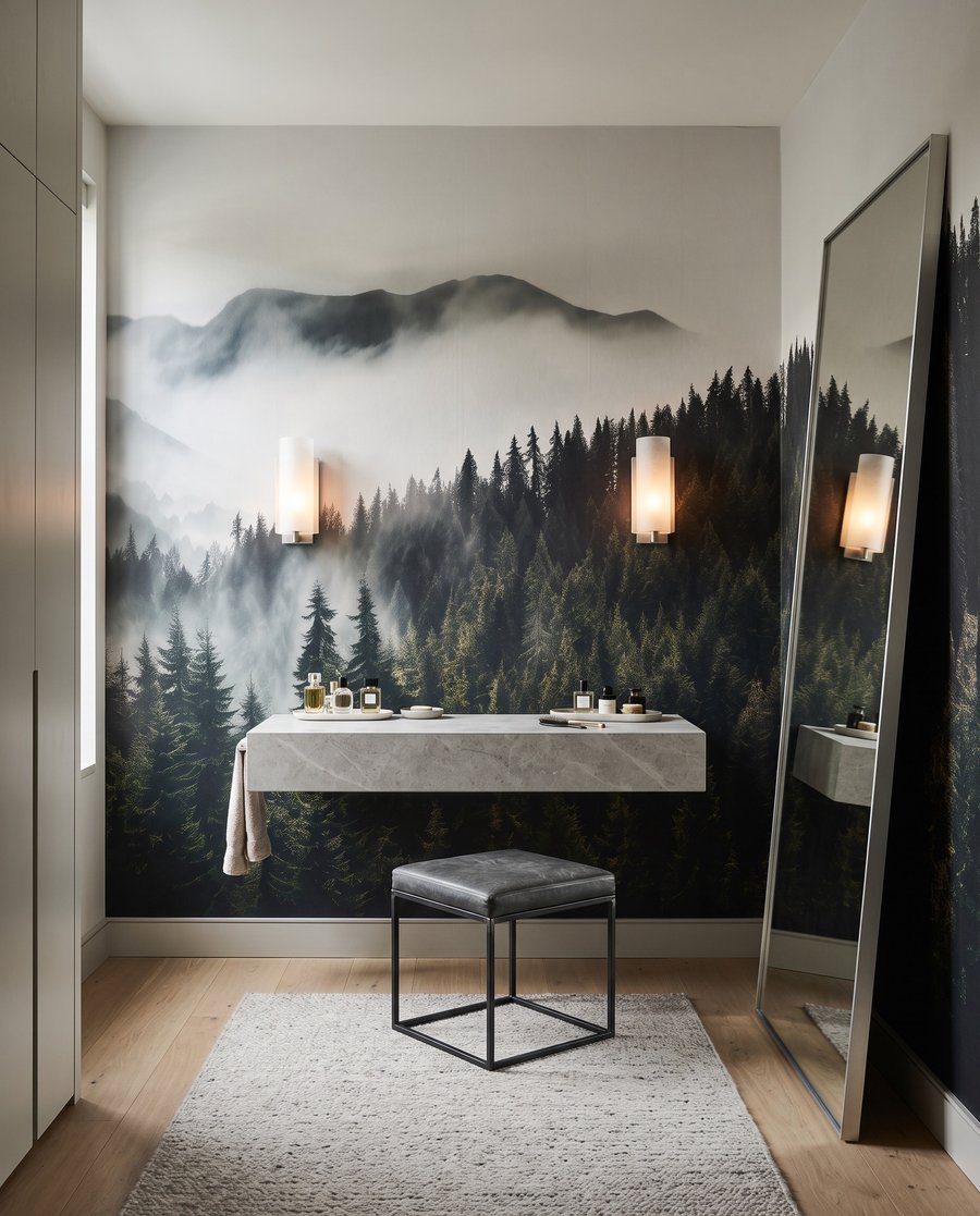 Nebel über Bergwäldern in einem Interieur
