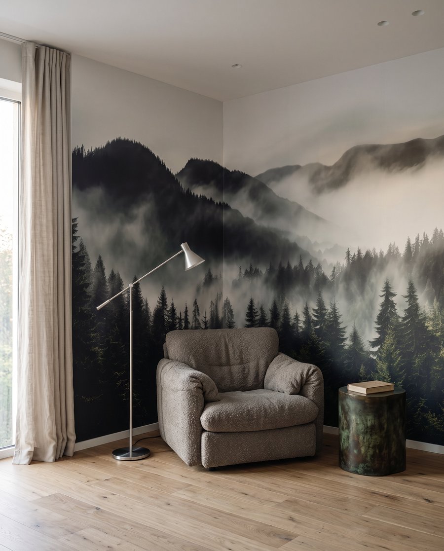 Nebel über Bergwäldern in einem Interieur