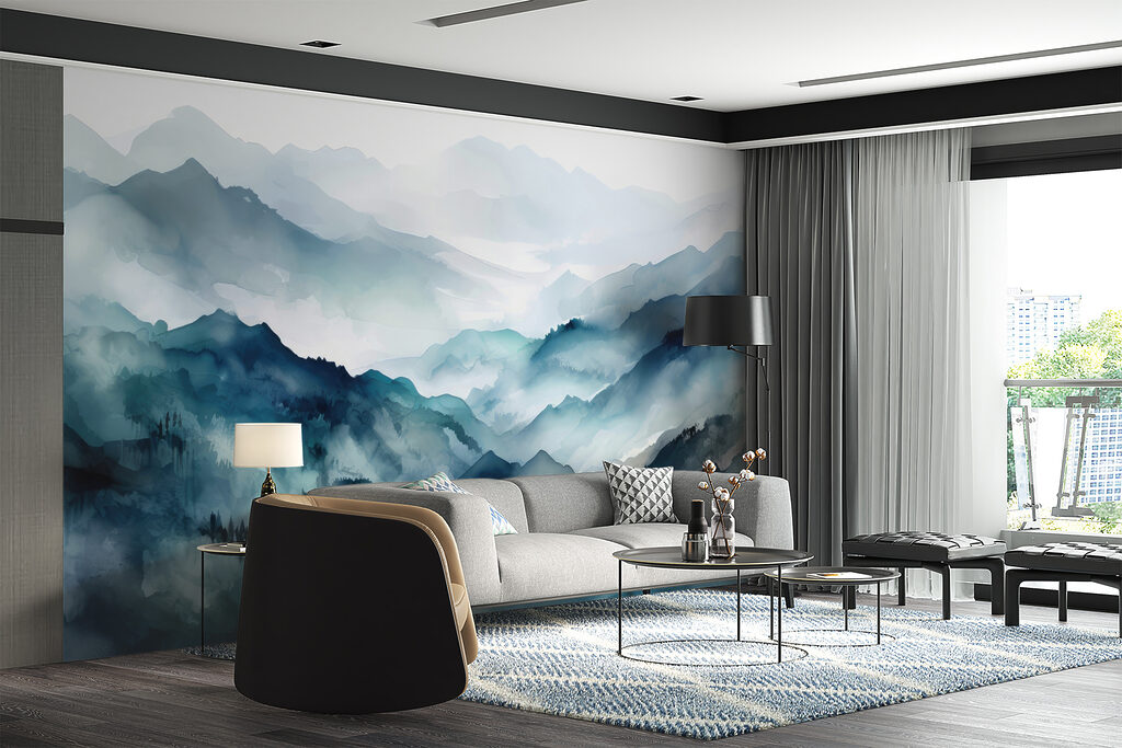 Blaue Bergrücken in Aquarell in einem Interieur