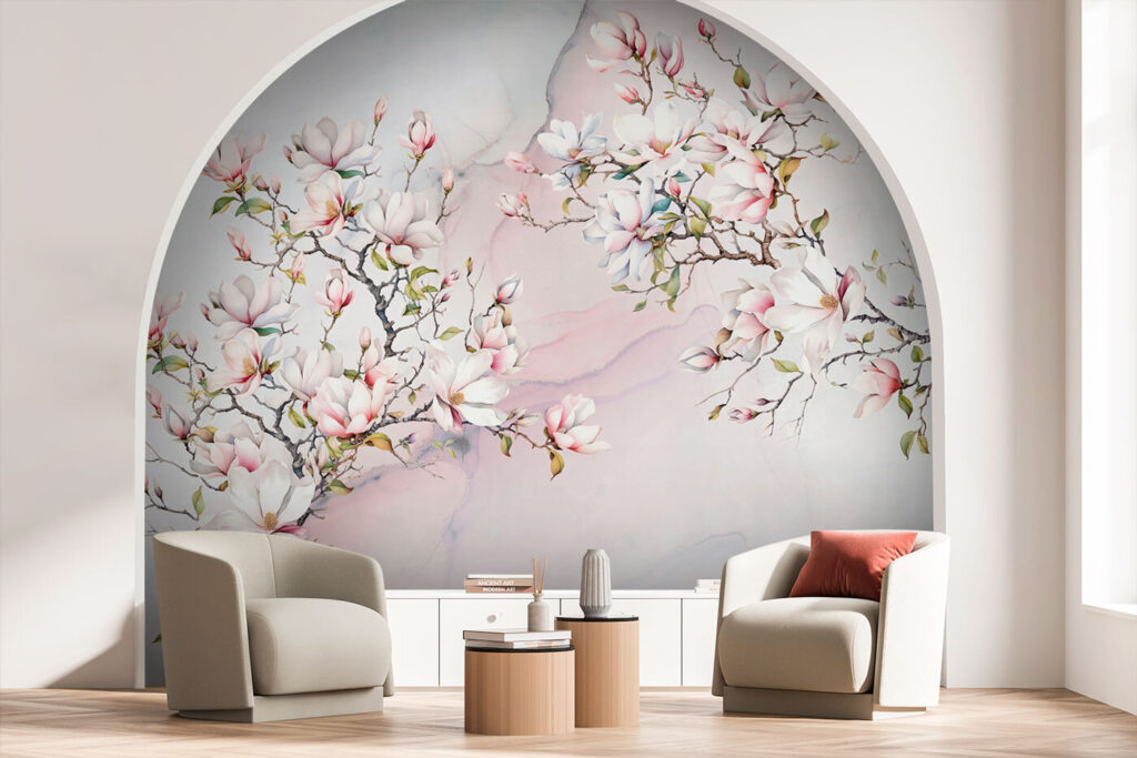 Zweig voller zarter Knospen in einem Interieur