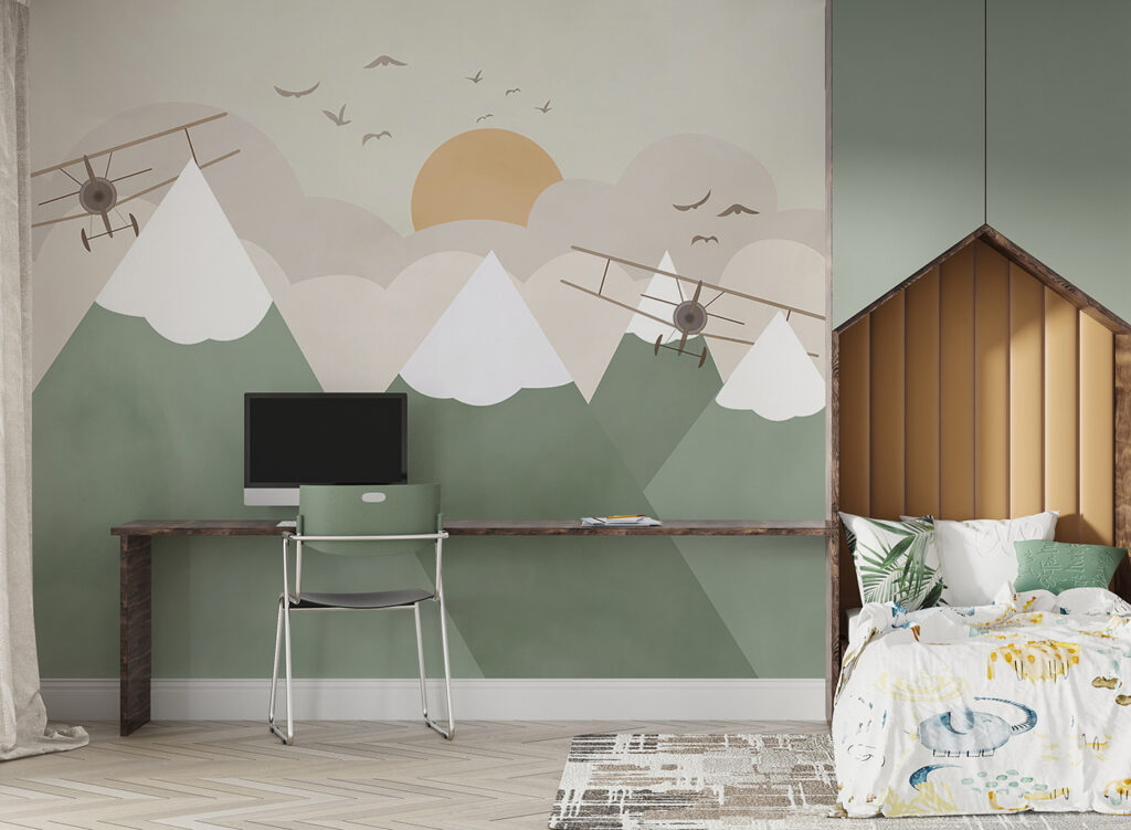Flugzeuge über grünen Gipfeln in einem Interieur