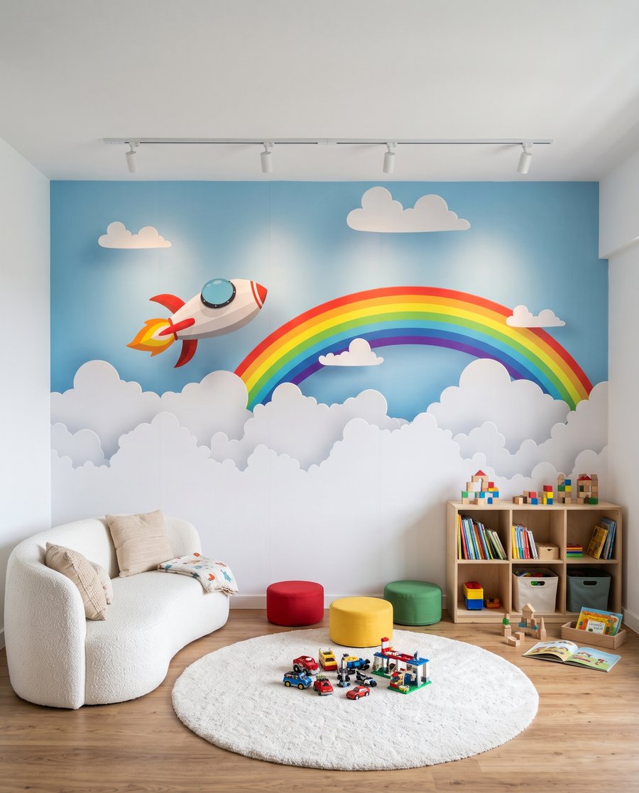 Rakete über dem Regenbogen in einem Interieur