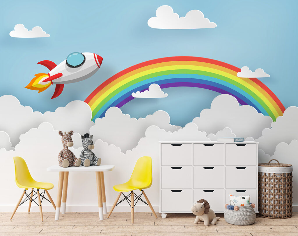 Rakete über dem Regenbogen in einem Interieur