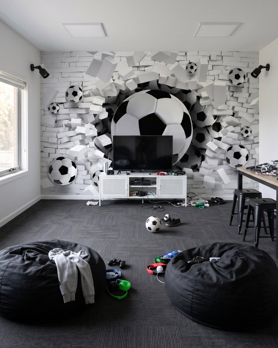 Fußbälle durchbrechen die Wand in einem Interieur