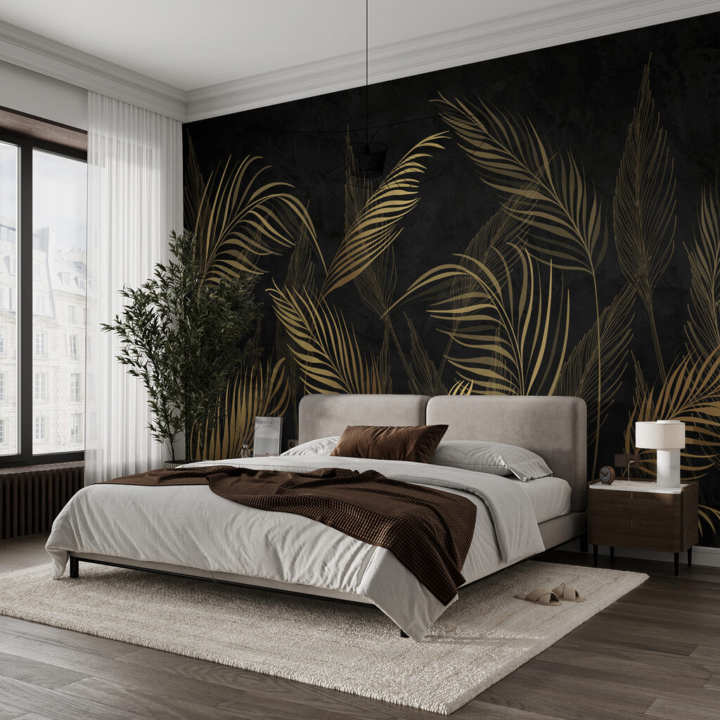 Goldene Palmwedel auf Schwarz in einem Interieur