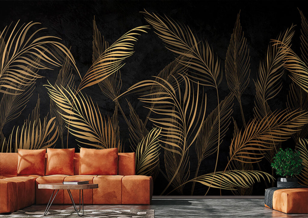 Goldene Palmwedel auf Schwarz in einem Interieur