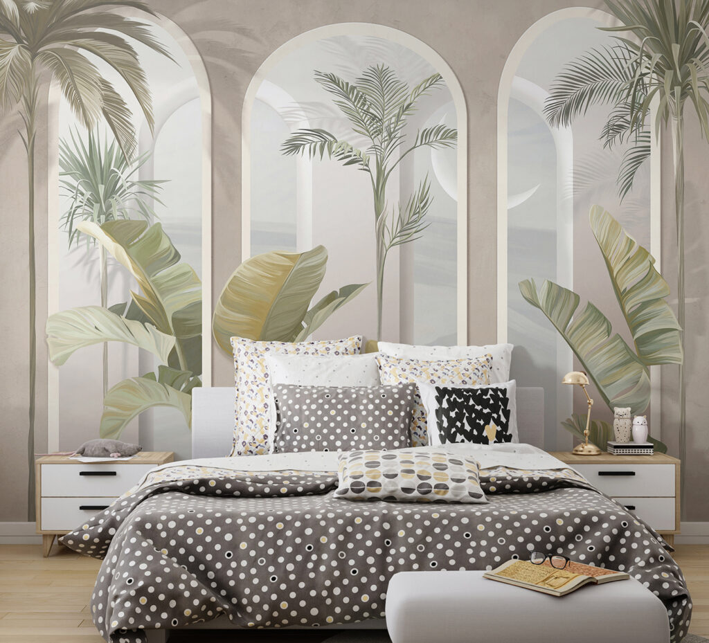 Palmen zwischen rosa Arkaden in einem Interieur