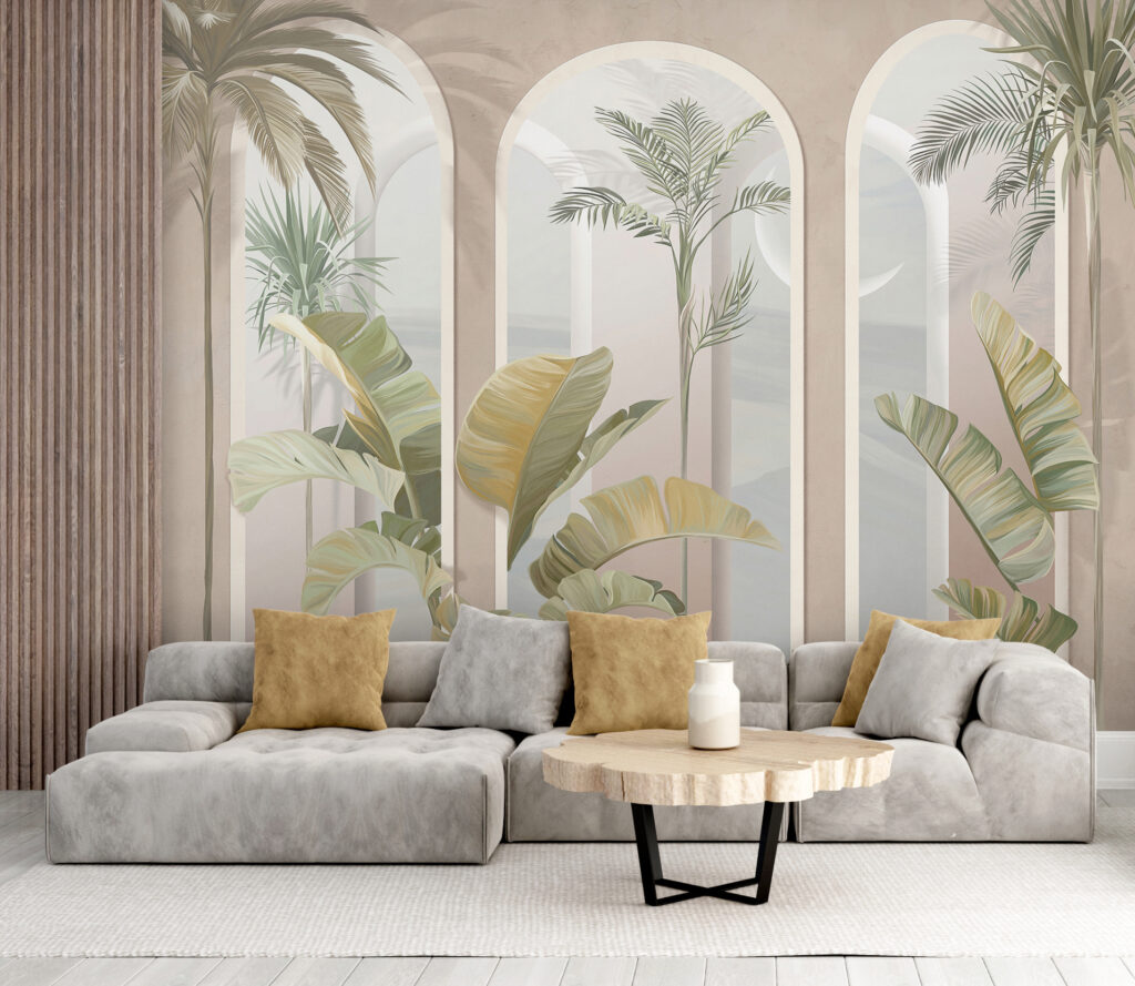 Palmen zwischen rosa Arkaden in einem Interieur