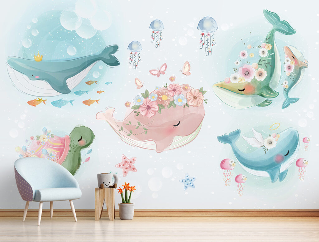 Wale mit Blumenkränzen in einem Interieur