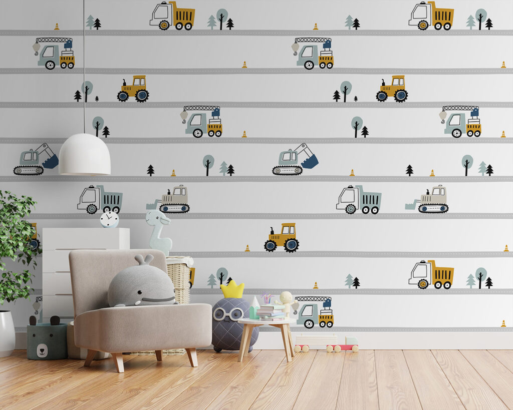 Baufahrzeuge in Reihen in einem Interieur