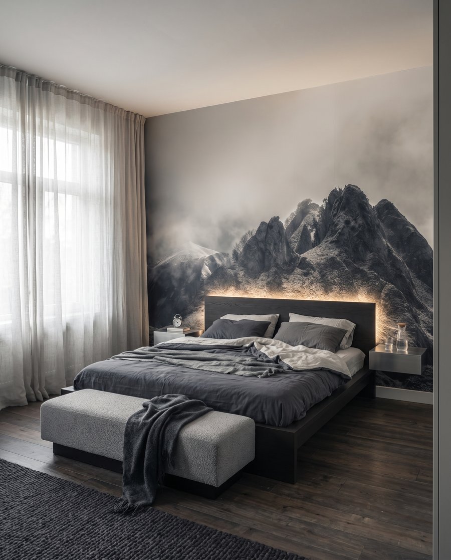 Dunkle Felsgipfel im Nebel in einem Interieur