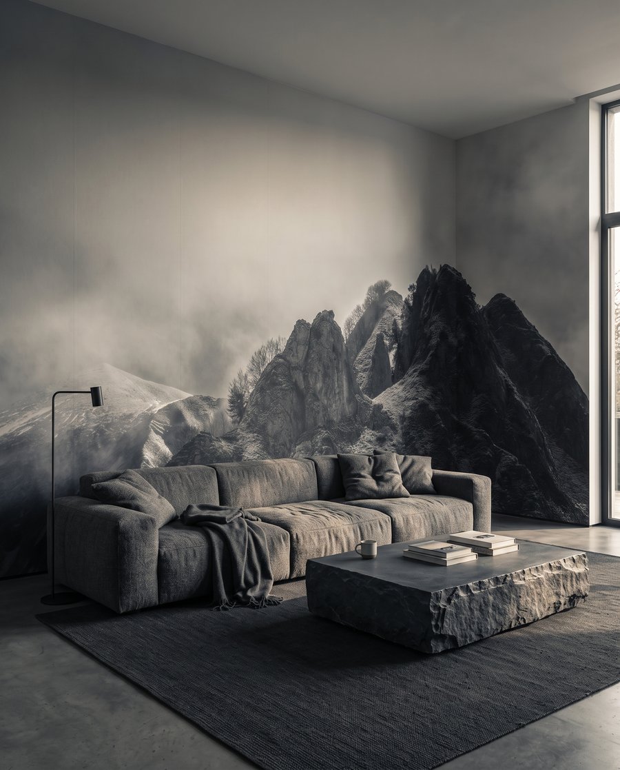 Dunkle Felsgipfel im Nebel in einem Interieur