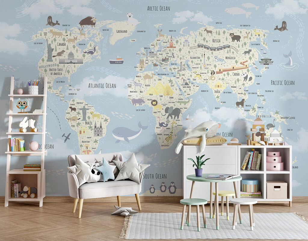 Weltkarte mit Reisefreunden in einem Interieur