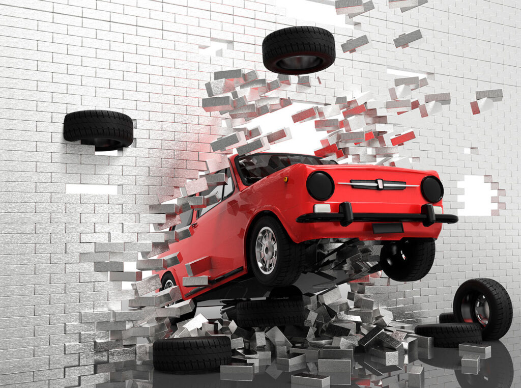 Rotes Auto bricht durch — ganzes Design