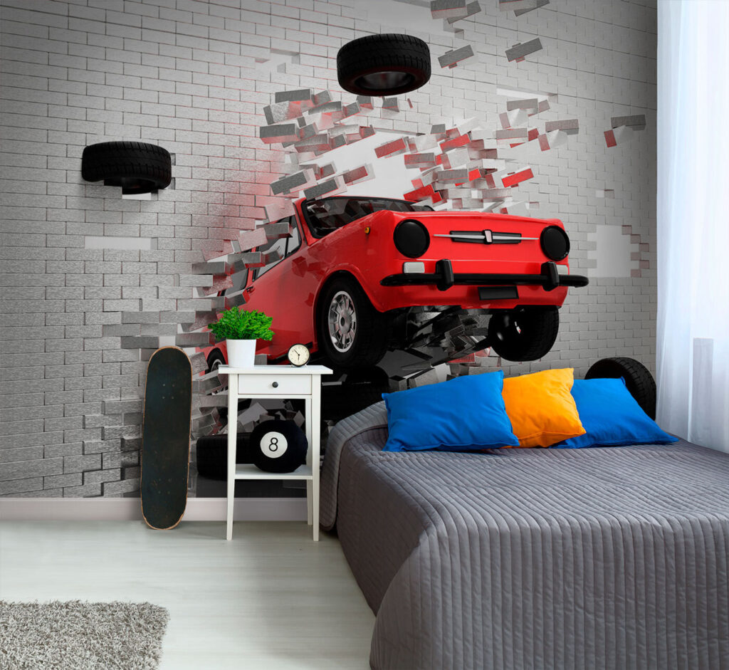Rotes Auto bricht durch in einem Interieur