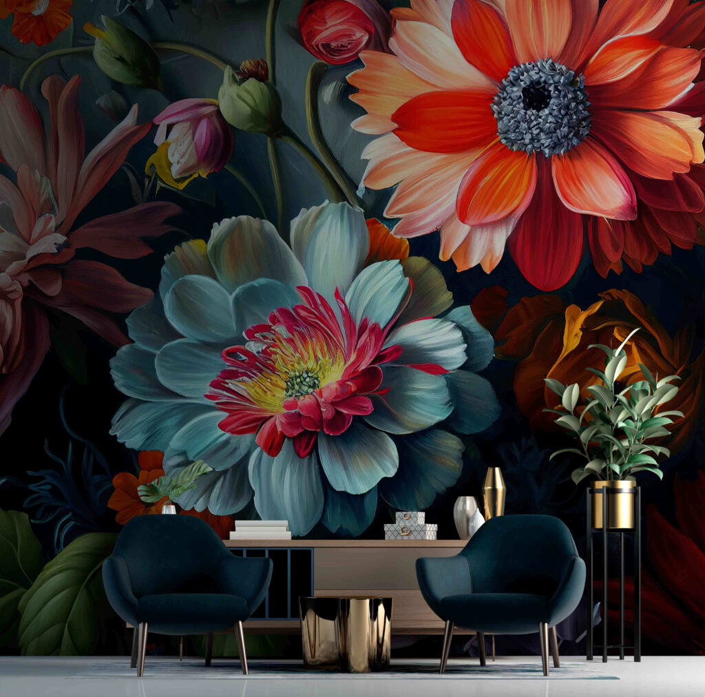 Blüten in Juwelentönen in einem Interieur