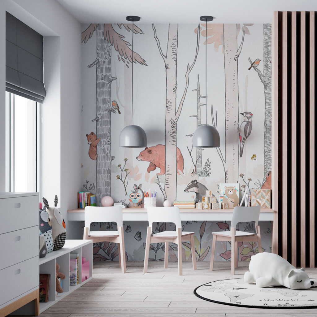 Waldfreunde zwischen weißen Stämmen in einem Interieur