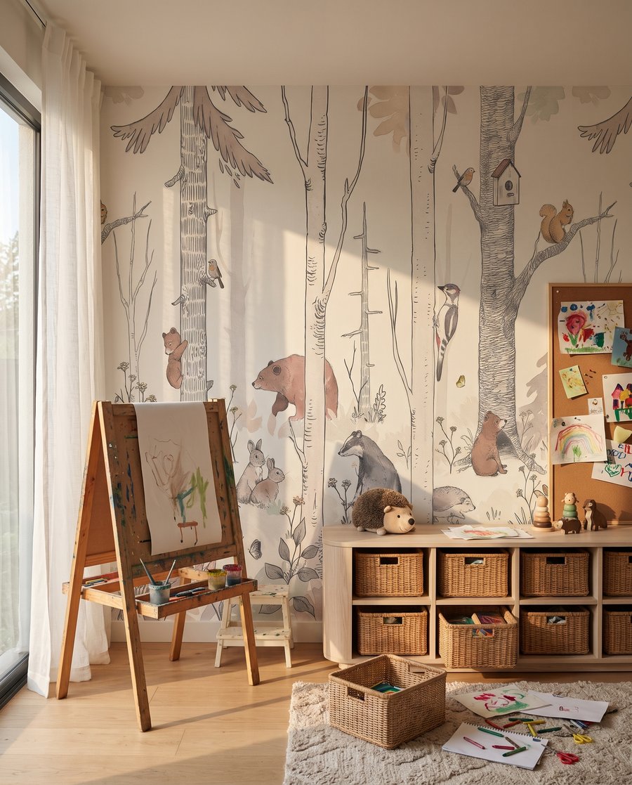 Waldfreunde zwischen weißen Stämmen in einem Interieur