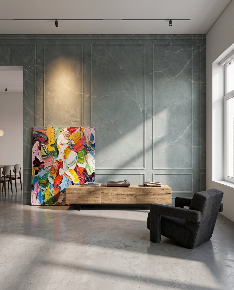 Grüne Wandfelder mit Äderung in einem Interieur