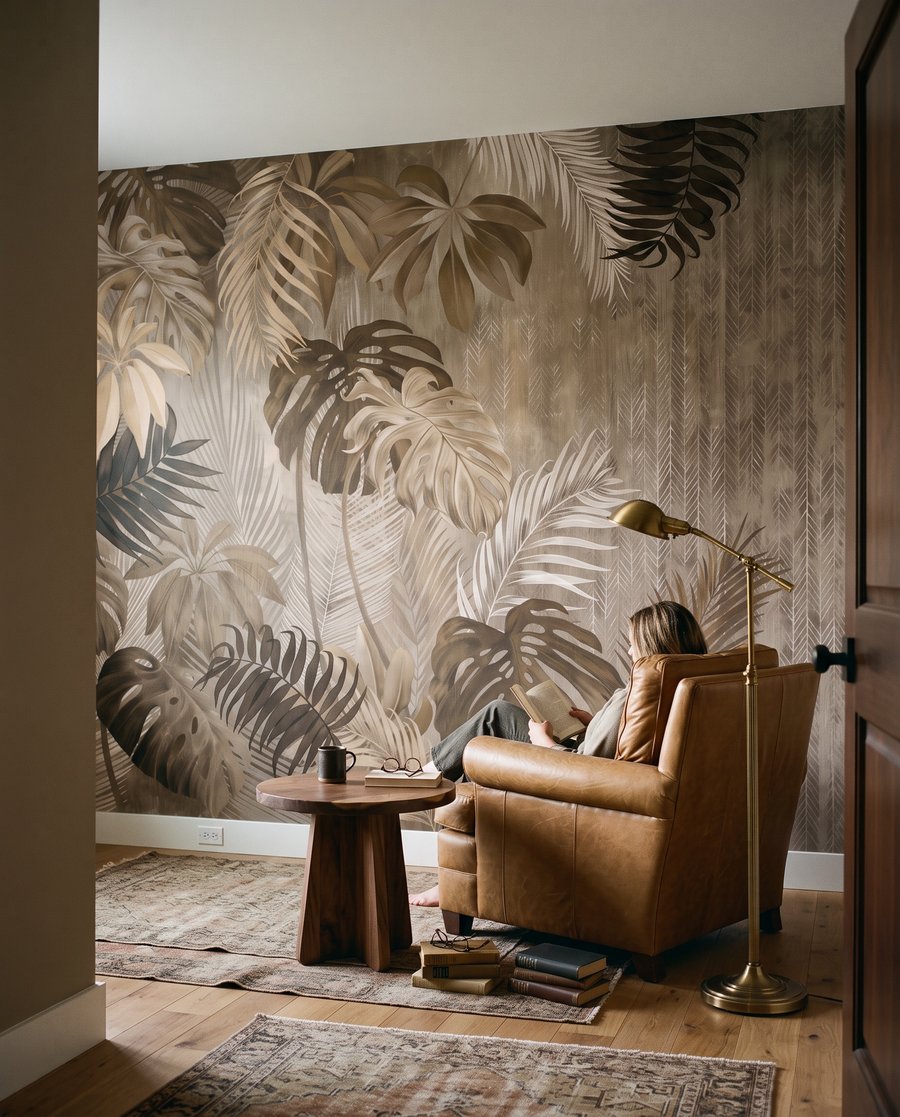 Blätter in braunen Schatten in einem Interieur