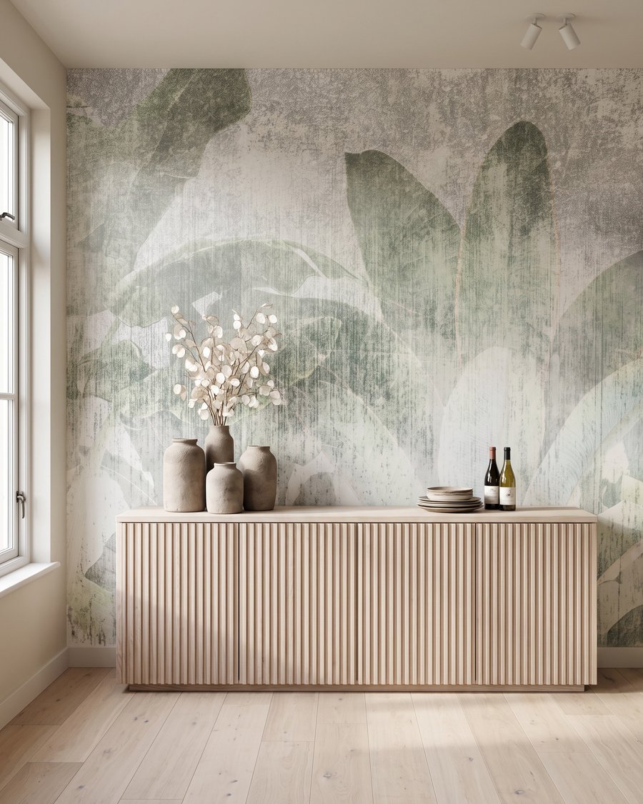 Blätter hinter weißem Nebel in einem Interieur