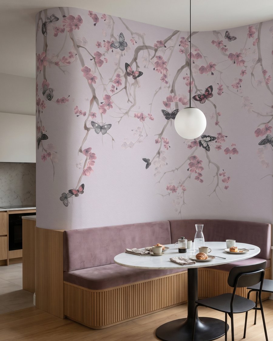 Schmetterlinge unter rosa Blüten in einem Interieur