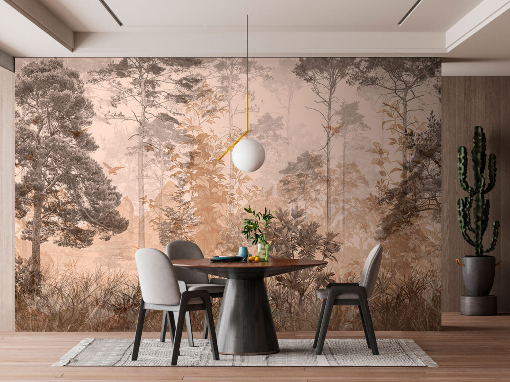 Wald im Gravurstil in einem Interieur
