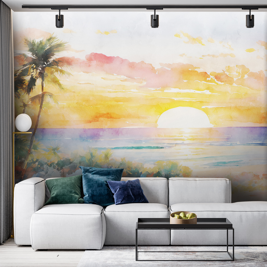 Palmen am gemalten Meer in einem Interieur