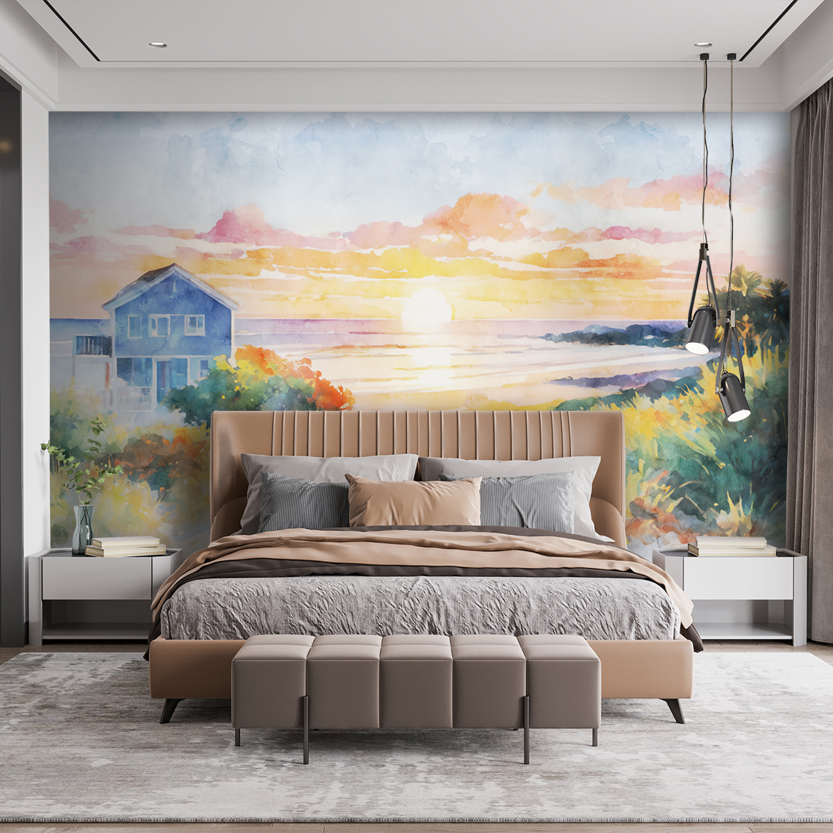 Blaues Haus am Meer in einem Interieur