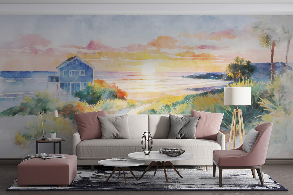 Blaues Haus am Meer in einem Interieur